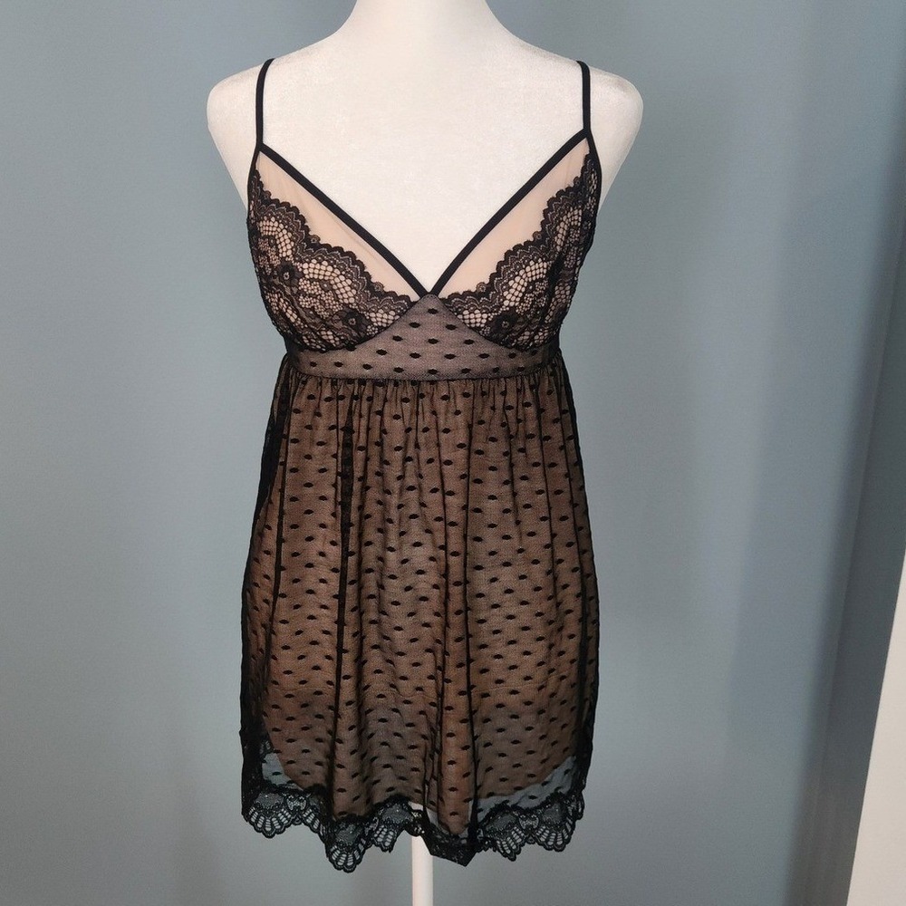 Intimint Babydoll Chemise Women Black Nude Excellent‎ Lace Swiss Dot Mesh Large